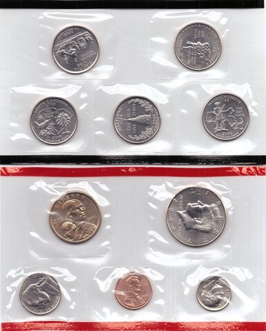 Годовой набор монет США 2000 год. Денвер (D: 5 монет годовых; 5 монет 25 центов штаты) в родном конверте. Медно-никель, медь