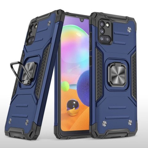 Противоударный чехол для Samsung Galaxy A31 A315 синий с пластиной для магнитного автодержателя и кольцом подставкой / чехол накладка для телефона Самсунг Галакси А31 А315 трансформируется в подставку / чехол с держателем на палец