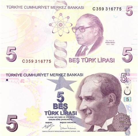 Банкнота 5 лир Турция 2009 год. UNC