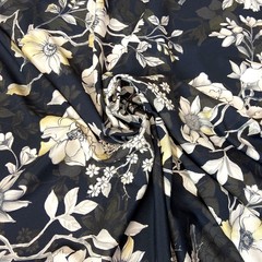 Ткань шелк матовый с эластаном бежевые цветы на черном фоне 1091