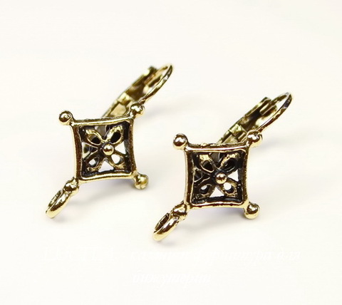 Швензы с французским замком Quest Beads "Ромб с цветком" 27х15 мм (цвет-античное золото), пара ()
