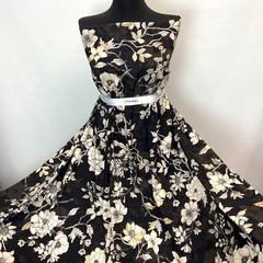 Ткань шелк матовый с эластаном бежевые цветы на черном фоне 1091