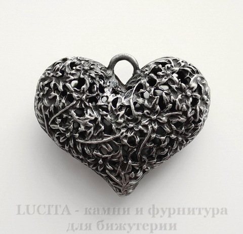 Подвеска "Сердце в цветах" 3D (цвет - античное серебро темное) 43х35х17 мм