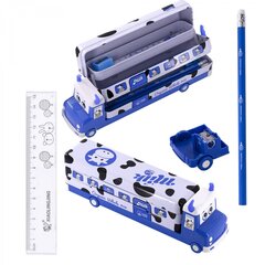 
          Пенал с наполнением, металлический 2 отделения автобус Alingar, таб. умнож, линейка 15 см, 5 ч/г карандашей, 3 точилки 50 х 190 мм, "Milk bus", синий