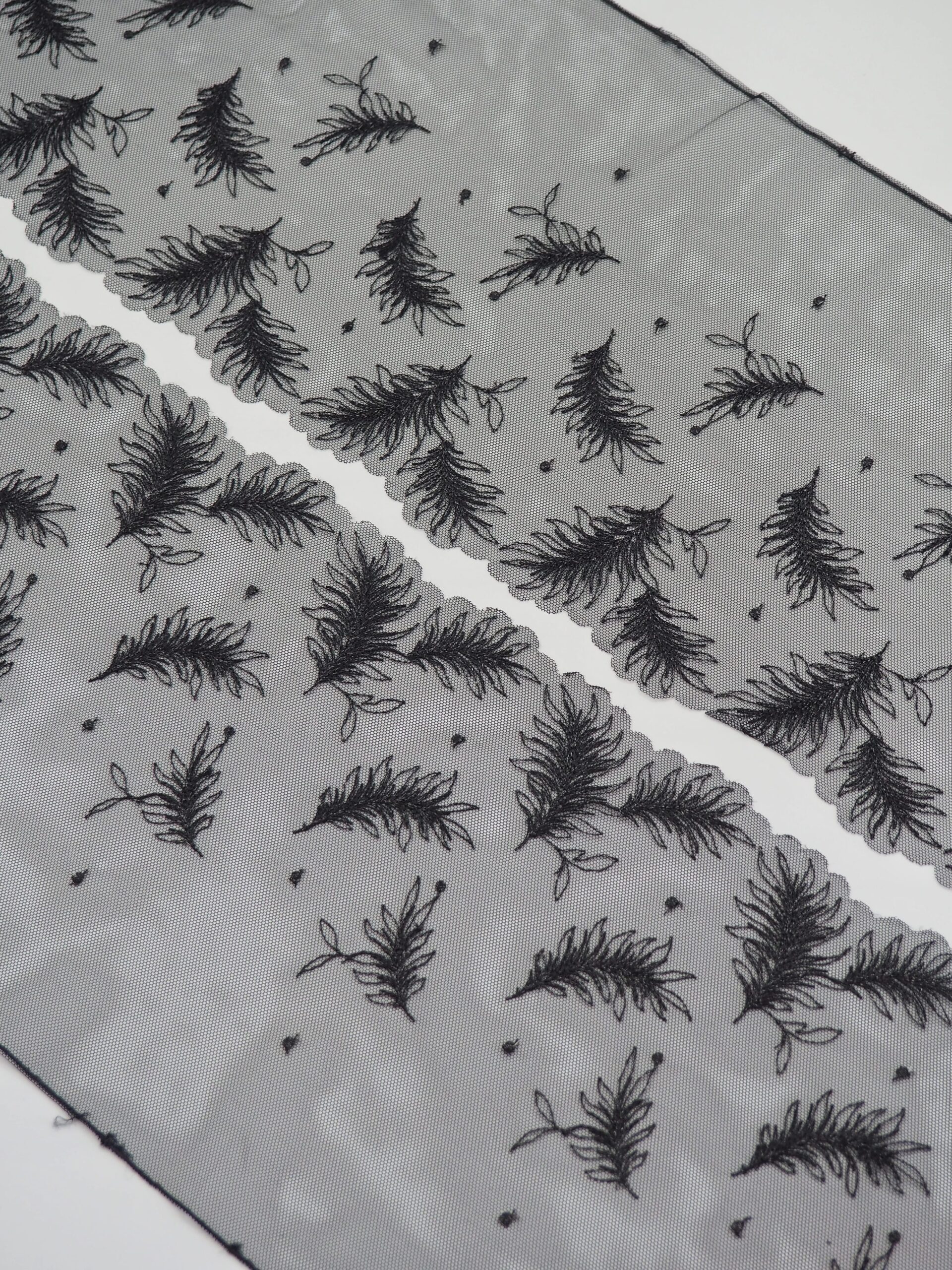 Вышивка на сетке черные перья с люрексом ширина 18 см (2 стороны)