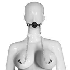 Серебристо-черный кляп с зажимами на соски Breathable Ball Gag With Nipple Clamp - 