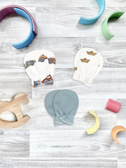 Рукавички-антицарапки Mjölk Retro Cars/Baby Blue/Бумажные кораблики, сет из 3х пар