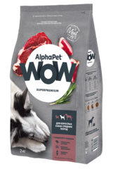 ALPHAPET WOW сухой корм для взрослых собак средних пород (говядина,сердце) 2 кг