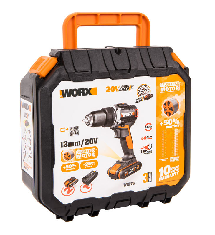 Дрель-шуруповерт аккумуляторная WORX WX175, 20В, бесщеточная, 2Ач x2, кейс