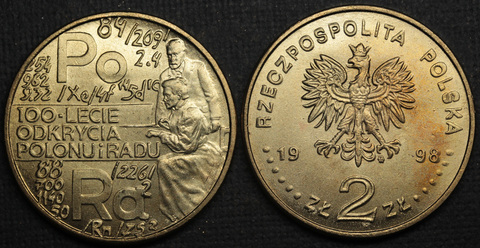 Жетон 2 злотых 1998 года Польша 100 лет открытию полония и радия копия монеты Копия