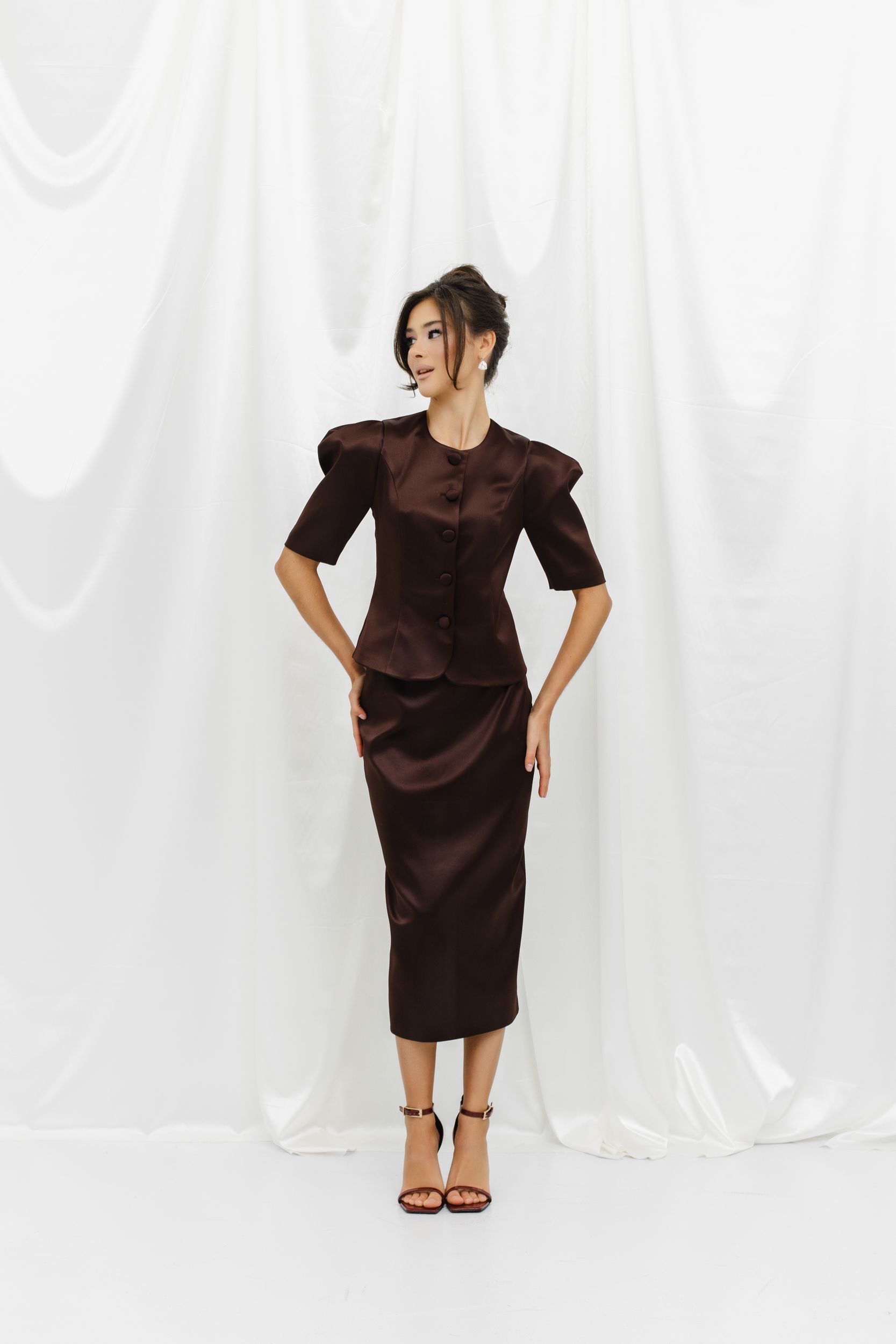 Юбка из атласа миди шоколадная – купить за 5 499 ₽ | VELVET-STORE