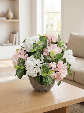 Гортензия бело-розовая в горшке искусственная, 2 куста
