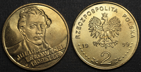Жетон 2 злотых 1999 года Польша 150 лет со дня смерти Юлиуша Словацкого копия монеты Копия