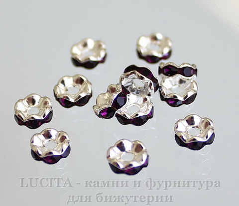 Бусина - рондель 6х3 мм с фиолетовыми фианитами (цвет - серебро), 5 штук ()