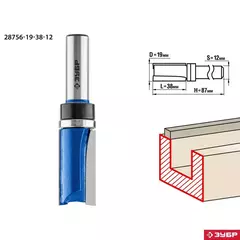 ЗУБР 19 x 38 мм, хвостовик 12 мм, фреза пазовая прямая с верхним подшипником. , Профессионал (28756-19-38-12)