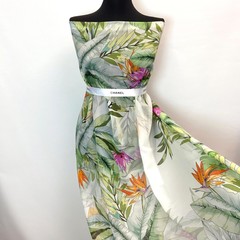 Мерный лоскут 1,1 м шифон шелк зеленые листья 1047