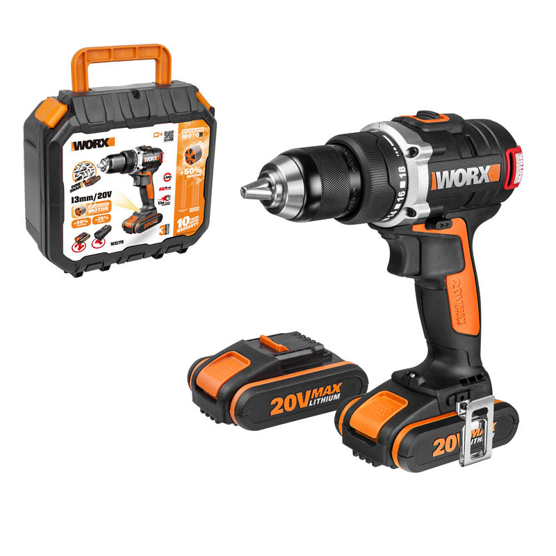 Дрель-шуруповерт аккумуляторная WORX WX175, 20В, бесщеточная, 2Ач x2, кейс