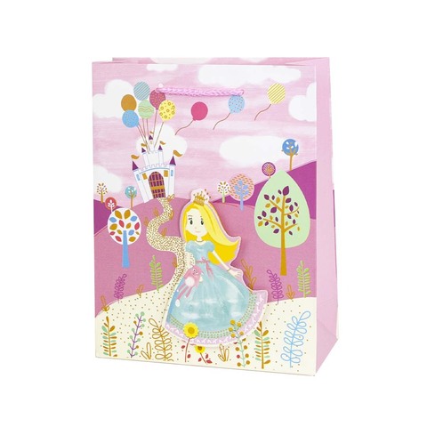 Пакет подарочный 3D, Принцесса с шариками, Розовый, с блестками, 42*31*12 см