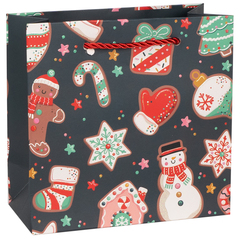 Пакет подарочный XS квадратный, Новогодний микс, Дизайн №1, с блестками, 14*15*7 см (Д*В*Ш)