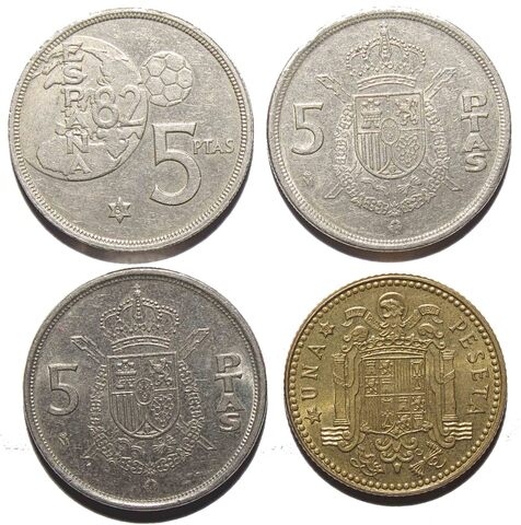 Набор из 4 монет 1 и 5 песет Испания. XF №2