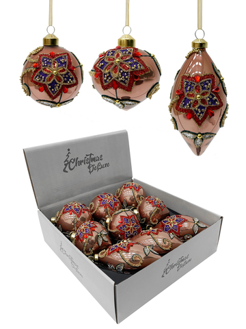 Набор елочных игрушек 8см 9шт ChristmasDeLuxe бежево-розовый с цветочным орнаментом
