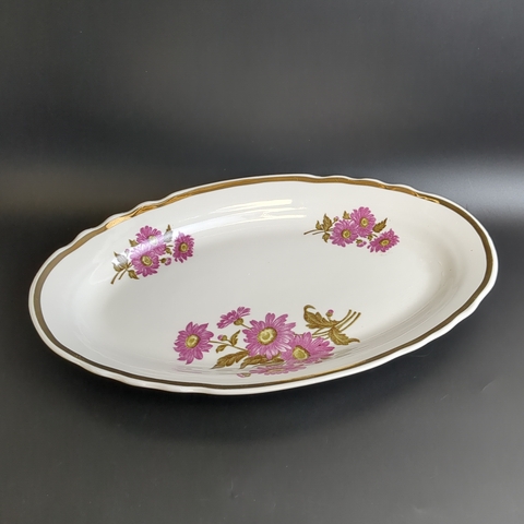 Блюдо для сервировки фарфоровое Дулево ФЗ, цветы, золочение, винтаж СССР 1968-1991 гг