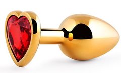 Золотистая анальная пробка с красным стразом-сердечком - 8 см. - 