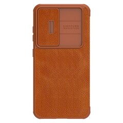 Кожаный чехол книжка коричневого цвета от Nillkin для Samsung Galaxy S23, серия Qin Pro Leather с защитной шторкой для камеры