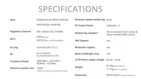 Передающий модуль Radiomaster Nomad Gemini Xrossband ELRS micro/nano 1 Вт двойной 2.4 ГГц и 900 МГц