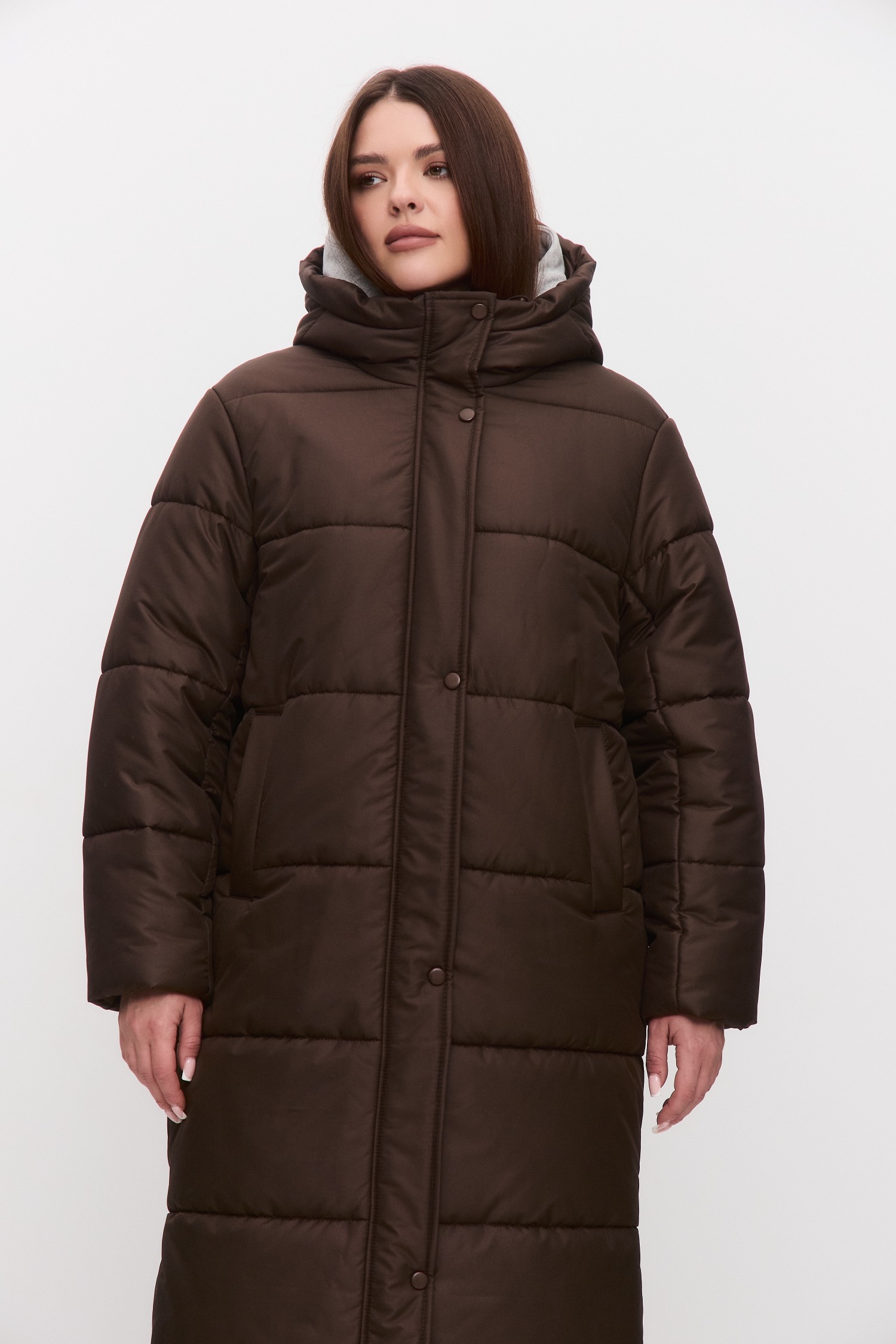 Пуховик длинный стеганый, шоколад