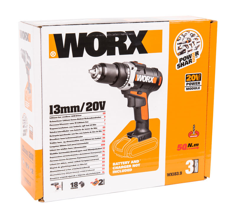 Дрель-шуруповерт аккумуляторная WORX WX183.9, 20В, 50Нм, без АКБ и ЗУ