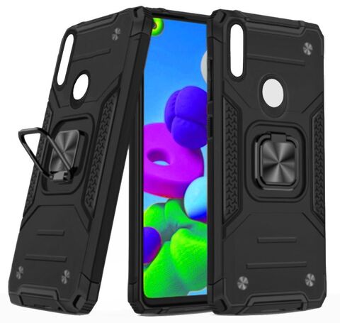 Противоударный чехол для Honor 10 Lite / Huawei P Smart 2019 черный с пластиной для магнитного автодержателя и кольцом подставкой / чехол с держателем на палец на Хонор 10 Лайт / Хуавей П смарт 2019