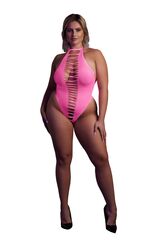 Розовое неоновое боди +size с имитацией шнуровки - 