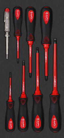Набор отверток диэлектрических 8 предметов (VDE-1000V), тестер: 220В - 250В в мягком ложементе, AmPro