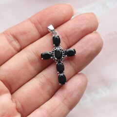 УЦЕНКА!!! Подвеска Крестик с чёрными фианитами 34*23 мм, родий, У091