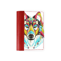 Обложка на паспорт комбинированная "Разноцветная волчица", красная.