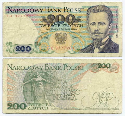 Банкнота Польша 200 злотых 1988 год EK 3777980. F-VF