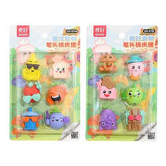 Ластик насадка на карандаш Qihao, фигурный, серия "Весёлые фрукты", корпус в форме фруктов и ягод, набор 6 шт