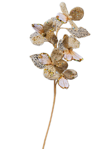 Веточка с листьями кизила 72см ChristmasDeLuxe кремовая с золотом