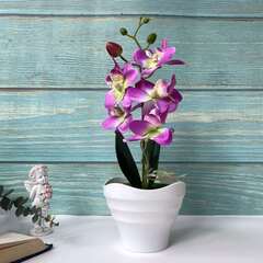 Орхидея декоративная с листьями, 5 бутонов, искусственная в кашпо, фиолетовая, 28 см.