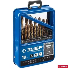 ЗУБР ТИТАН, 19 шт, (1-10 мм), сталь Р6М5, класс А, титановое покрытие, набор сверл по металлу, Профессионал (29617-H19)
