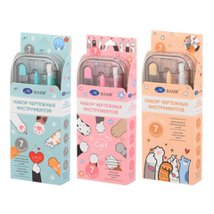 
          Готовальня Basir 7 предметов в пластиковом футляре, серия "Лапки", циркуль с запасными частями + набор пластиковых линеек