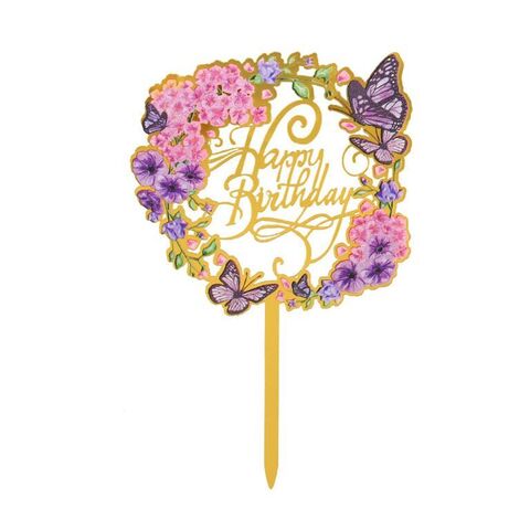Топпер с цветами «Happy Birthday» фиолетовые бабочки