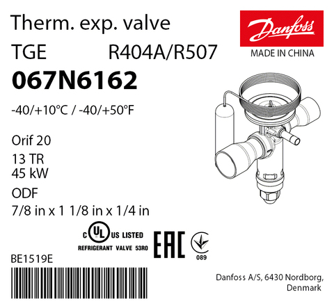 Терморегулирующий клапан Danfoss TGES 067N6162 (R404A/R507, без МОР)