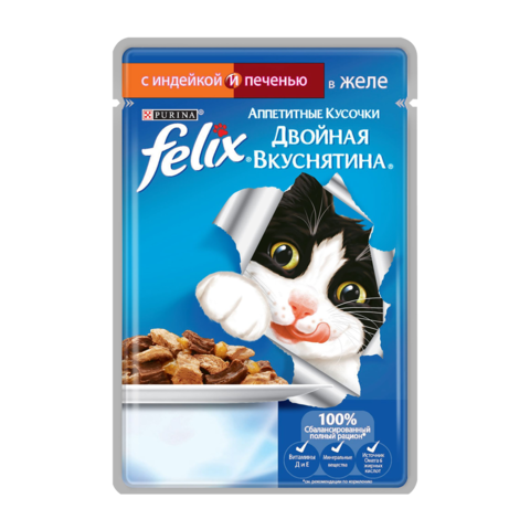 Felix Консервы для кошек Двойная вкуснятина Аппетитные кусочки с индейкой и печенью в желе