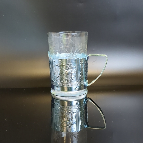 Подстаканник "Уральские Сказы" аллюминий с хрустальным стаканом, винтаж СССР 1960-1980 гг