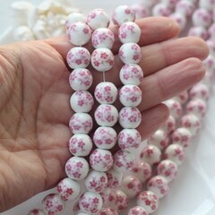 Бусина Шарик, керамика, белая с розовой росписью, 12 мм, 1 нить, К168