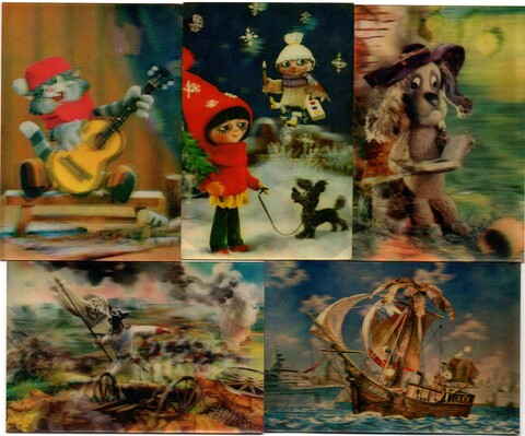 № 65 Набор из 5 переливных (стерео) Календариков . Мультфильмы СССР 1983, 1984. 1987, 1988 гг.