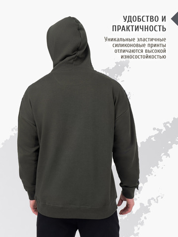 Худи цвета хаки с лампасами, без логотипа. Плотный футер
