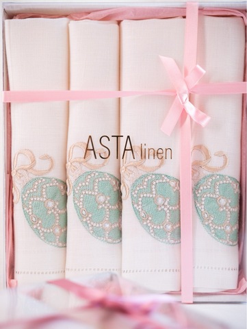 Набор салфеток с мережкой и вышивкой Пасхальные яйца Фаберже бирюзовые